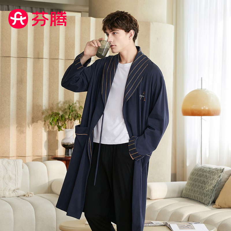 9657343.芬腾【柔软全棉绅士范】新款早秋翻领长袖纯棉男士睡衣居家服睡袍
