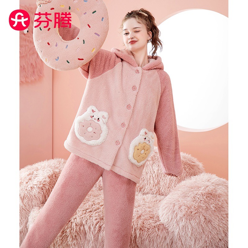 9913010.芬腾【双面南芙泡绒元气少女】250g秋冬连帽长袖家居服套装女睡衣