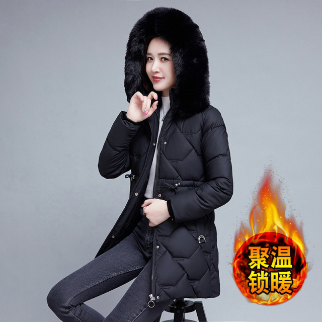 9913695.克里普 冬季新款棉衣女加大加厚大毛领连帽棉大衣中长款棉外套