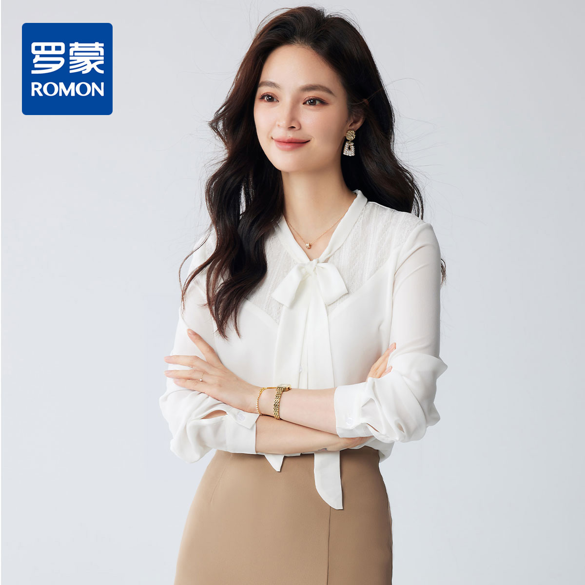 9911768.【气质飘带领】罗蒙女式长袖衬衫亲肤舒适简约大方优雅时尚开衫衬衫女