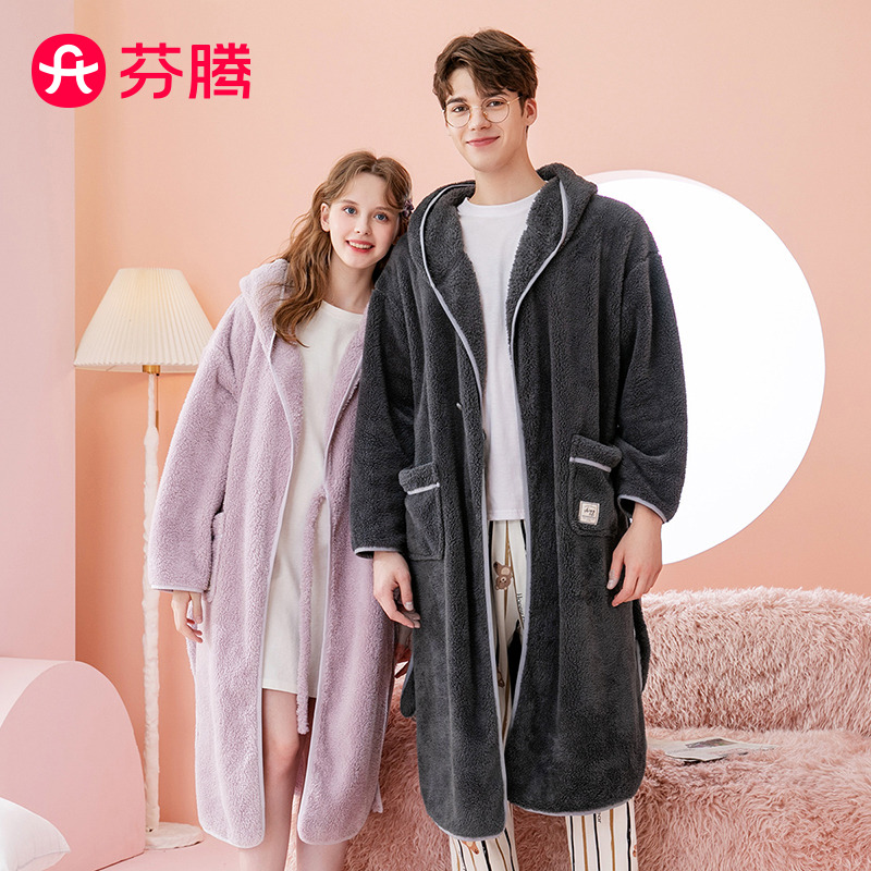 13183055.【特批清仓 售完无补】【直降50元 售完无补】芬腾【情侣双面绒】250g秋冬连帽长袖睡袍简约南芙泡绒家居服男女-情侣拼款