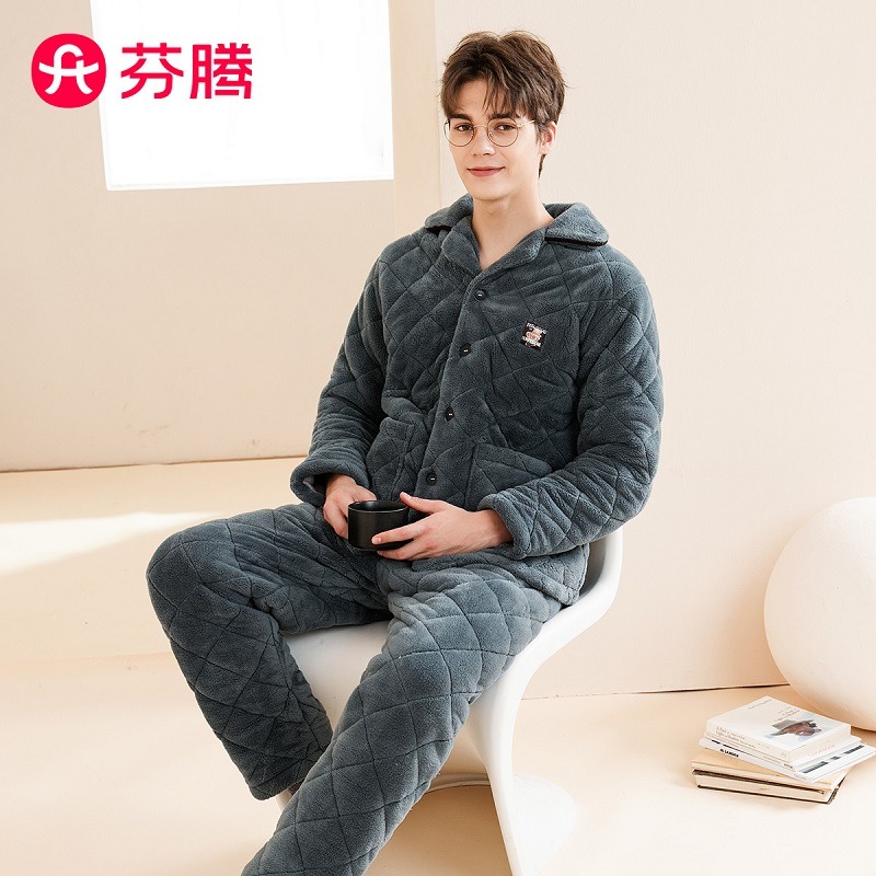 10132716.芬腾【舒克绒夹棉休闲型男】秋冬翻领防静电长袖家居服套装男士睡衣
