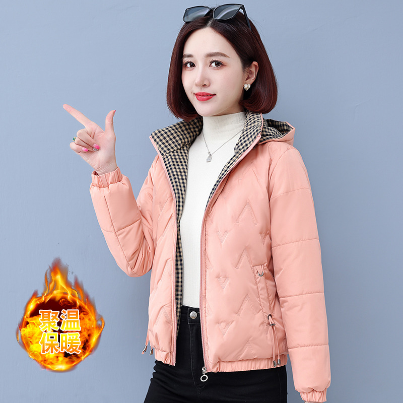 9934959.克里普 棉袄连帽格子拉链中年女冬季棉服短款棉服