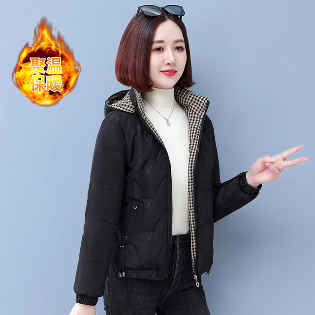9934959.克里普 棉袄连帽格子拉链中年女冬季棉服短款棉服