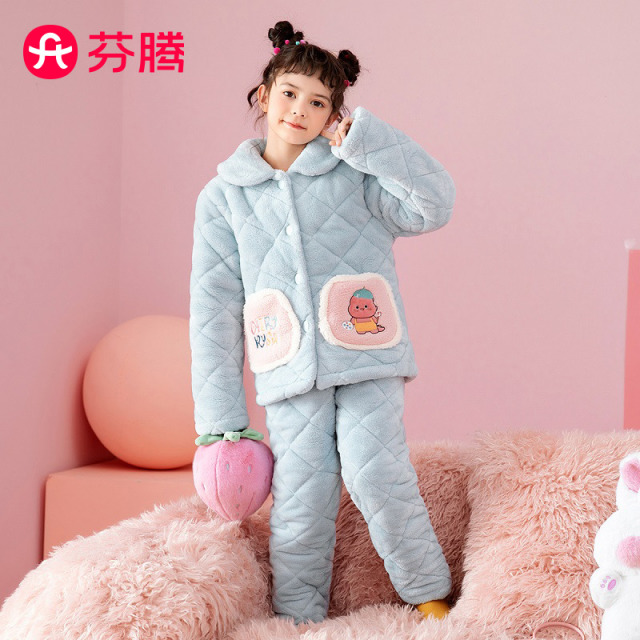 9941011.芬腾【加绒夹棉卡通恐龙】秋冬翻领长袖防静电女童家居服套装儿童睡衣