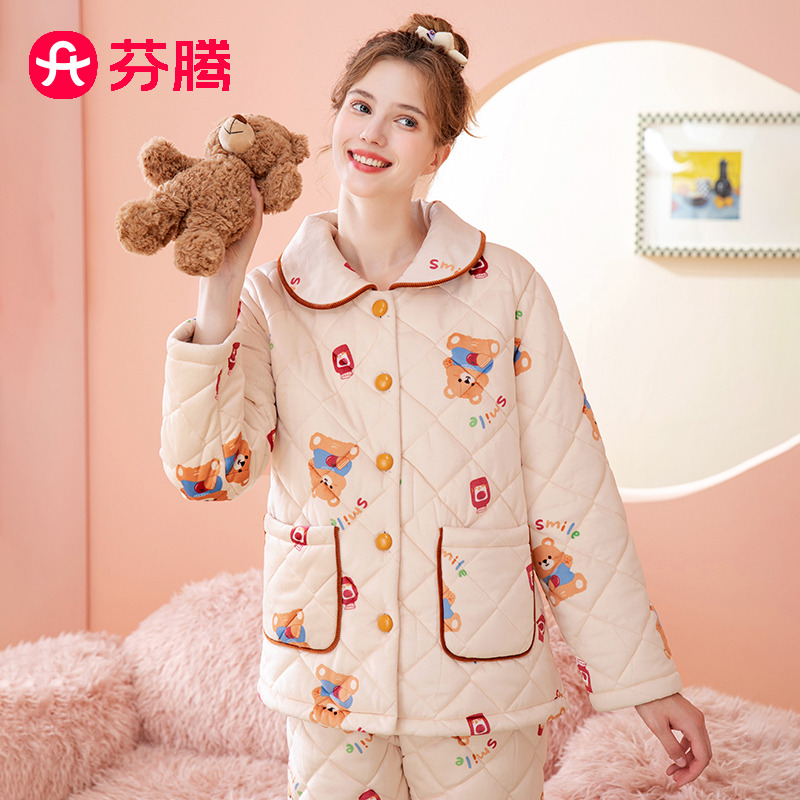 9947400.芬腾【夹棉小熊亲子】秋冬翻领长袖开防静电面家居服女士睡衣套装女