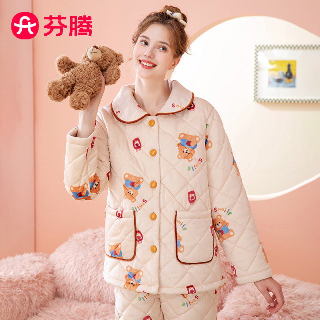9947400.芬腾【夹棉小熊亲子】秋冬翻领长袖开防静电面家居服女士睡衣套装女