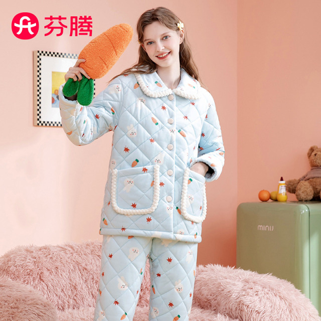 10132696.芬腾【萌兔子防静电】210g秋冬包边翻领长袖加绒夹棉睡衣女家居服