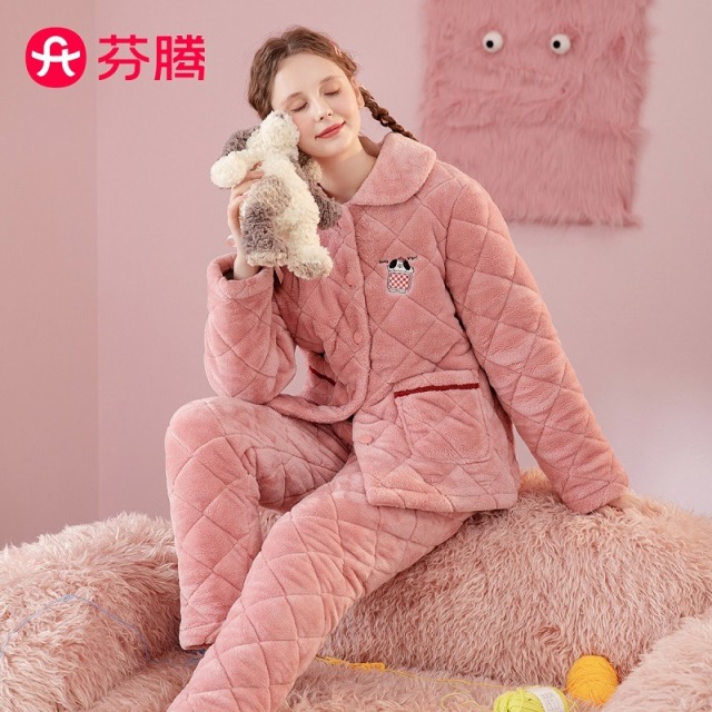 9951531.芬腾【加绒夹棉甜美范】秋冬毛绒翻领防静电长袖睡衣女士家居服套装