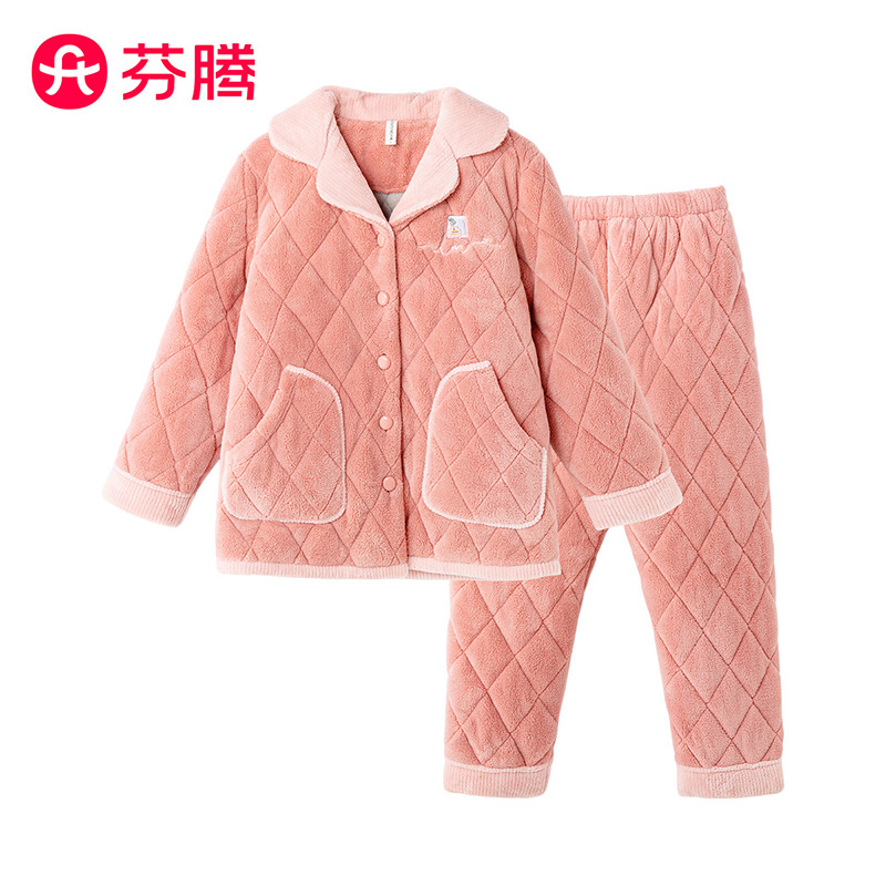 9951811.【特批清仓 售完无补】芬腾【简约情侣夹棉】秋冬撞色翻领防静电暖绒女士家居服睡衣套装女