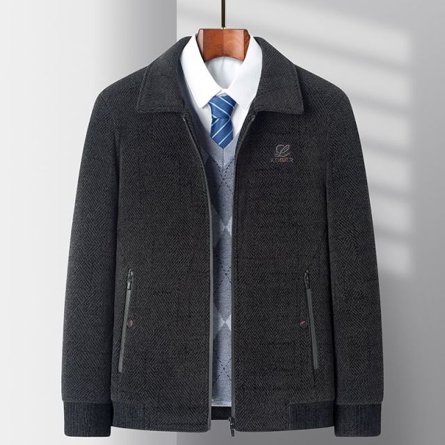 9955861.雄狮爸爸外套春秋款中年男士雪尼尔秋冬季上衣服中老年人男装毛呢夹克