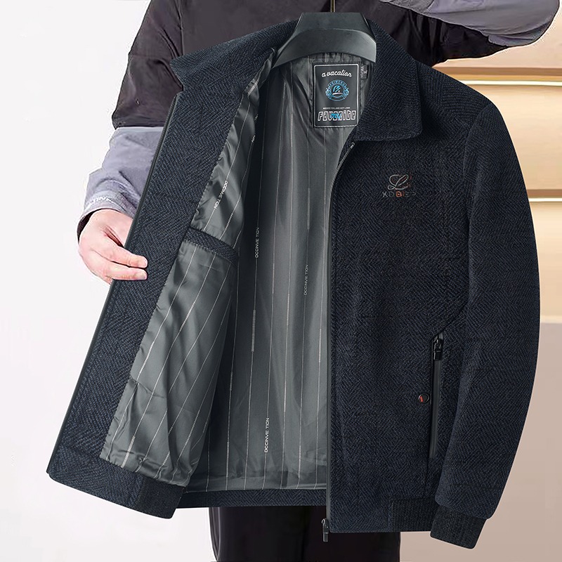 9955861.雄狮爸爸外套春秋款中年男士雪尼尔秋冬季上衣服中老年人男装毛呢夹克