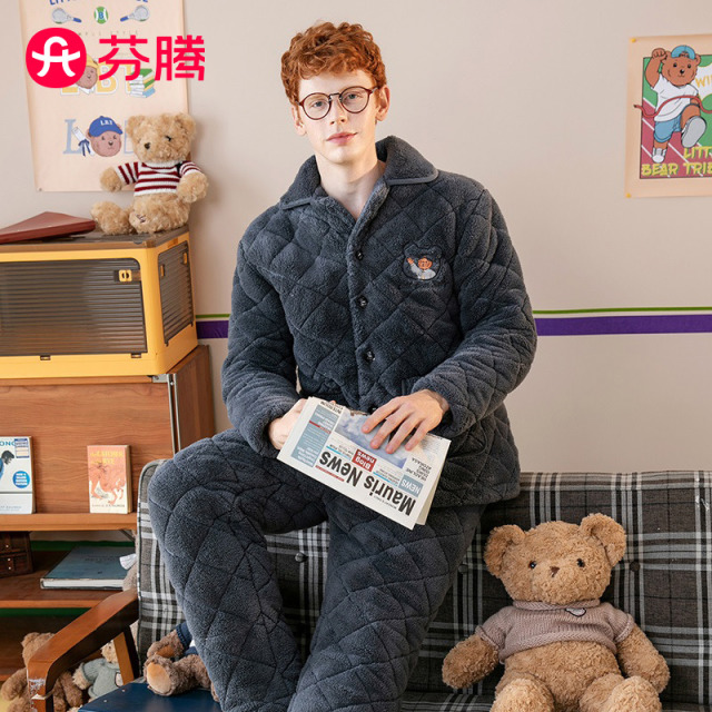 9960382.芬腾【小熊部落IP】秋冬情侣翻领加绒夹棉防静电家居服套装男睡衣