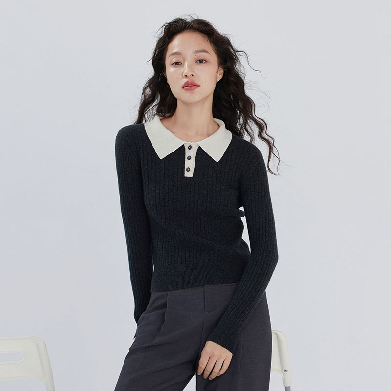 9964686.翻领抽条长袖百搭针织上衣女式羊绒衫