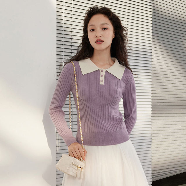 9964686.翻领抽条长袖百搭针织上衣女式羊绒衫