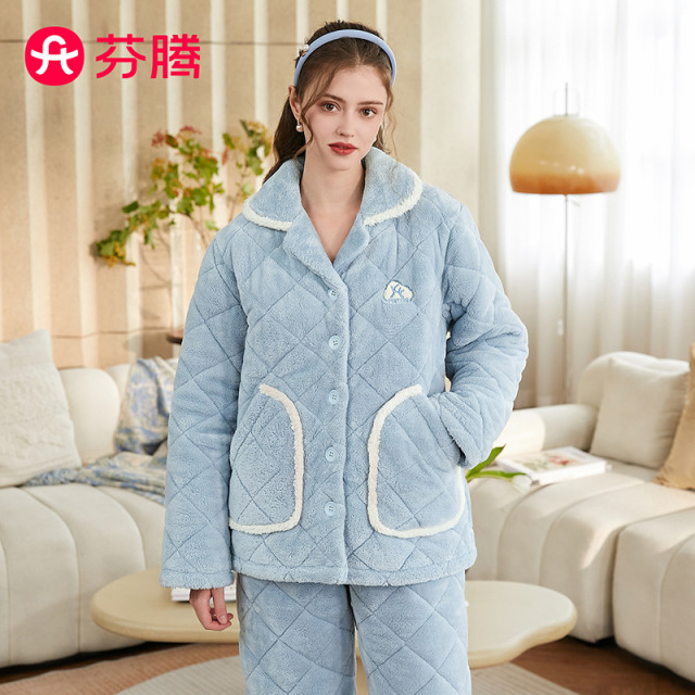 11394286.【降温福利 直降93元】芬腾品牌专供【防静电厚夹棉情侣爆款】冬季翻领开衫加绒长袖家居服女士睡衣套装男-情侣拼款