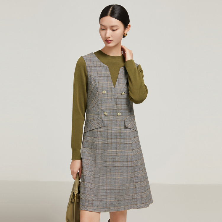8639996.JZ玖姿时尚叠穿假两件连衣裙女装2022冬季新款复古通勤格纹裙子