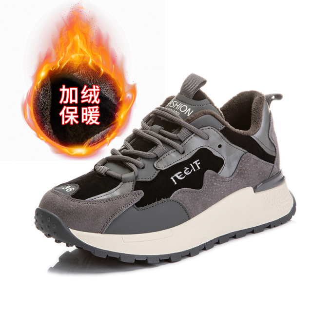 8711994.墨斯本真皮女鞋2022秋冬新款百搭阿甘鞋女加绒保暖休闲平底运动鞋子女潮7301