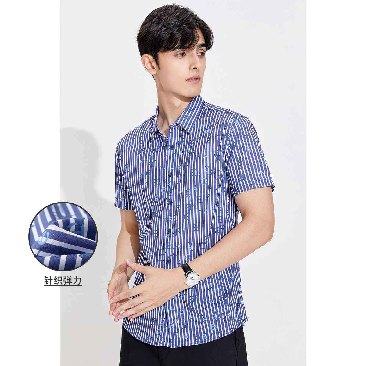8714845.意大利小帆船 春夏时尚字母条纹纯棉亲肤短袖翻领男士衬衫