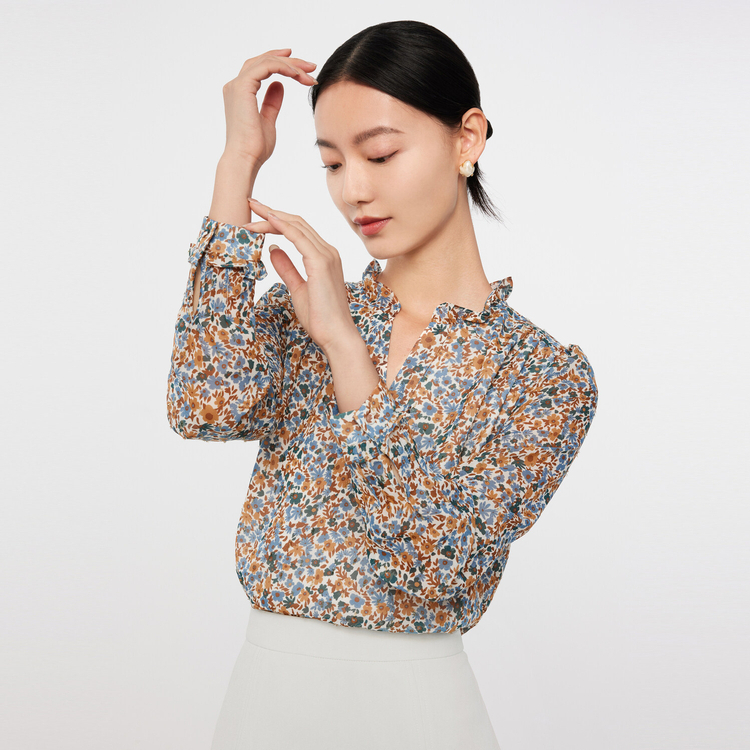8773855.JZ玖姿金丝剪花长袖简约漂亮时尚雪纺衫女装秋季优雅小衫