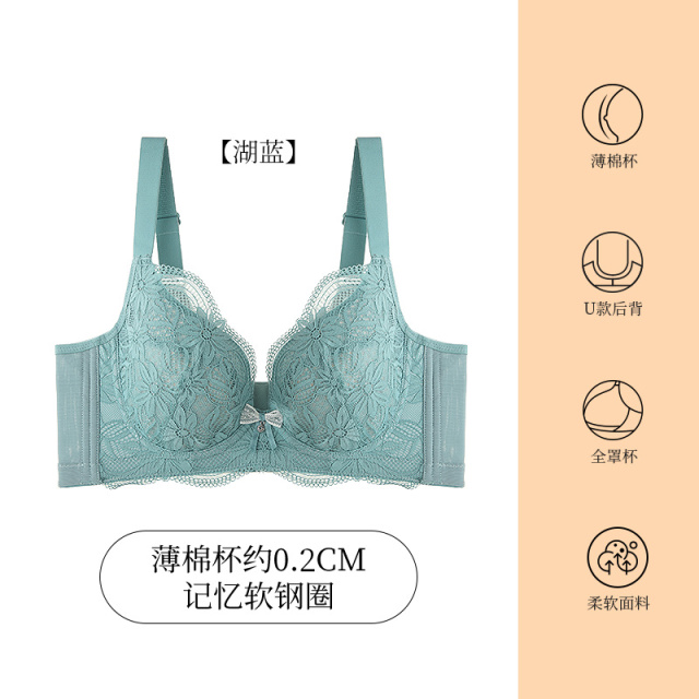 8770982.爱黛大胸显小薄款女士内衣少女蕾丝文胸聚拢收副乳调整型美背胸罩