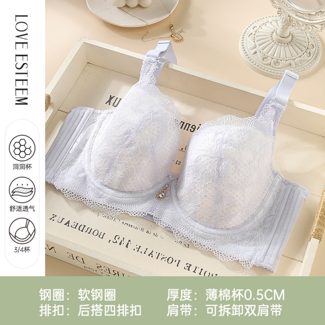 8859782.性感蕾丝大胸薄款胸罩软钢圈上托透气蜂巢棉内衣文胸