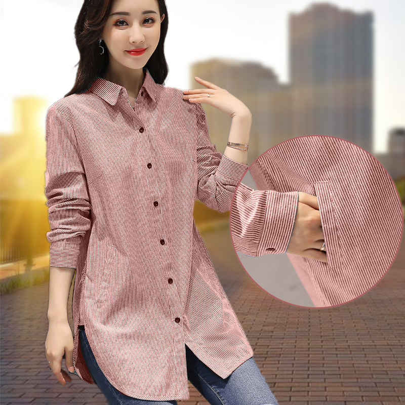 8870345.七玻威女款春秋时尚减龄简约翻领条纹衬衫【七玻威女装1】