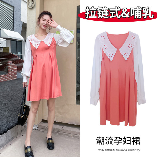 8888058.兔妈孕妇装连衣裙秋季新款时尚产妇喂奶裙子针织哺乳期外出连衣裙春秋