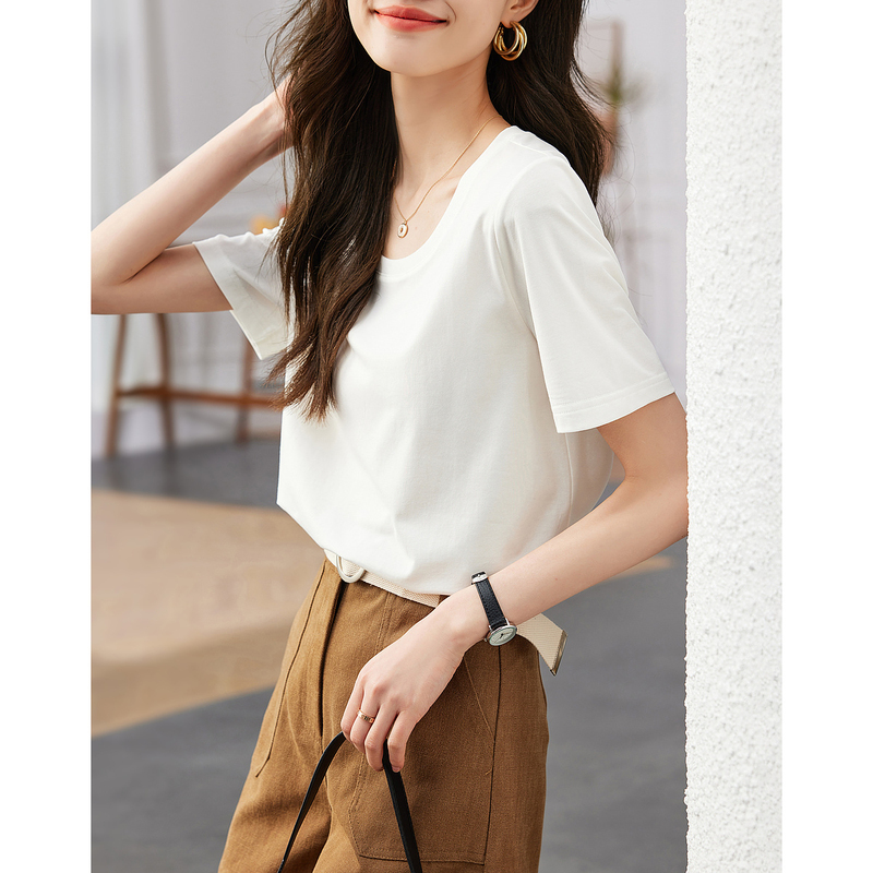 8871689.【中性风女式t恤】夏季莫代尔圆领微弹短袖t恤女
