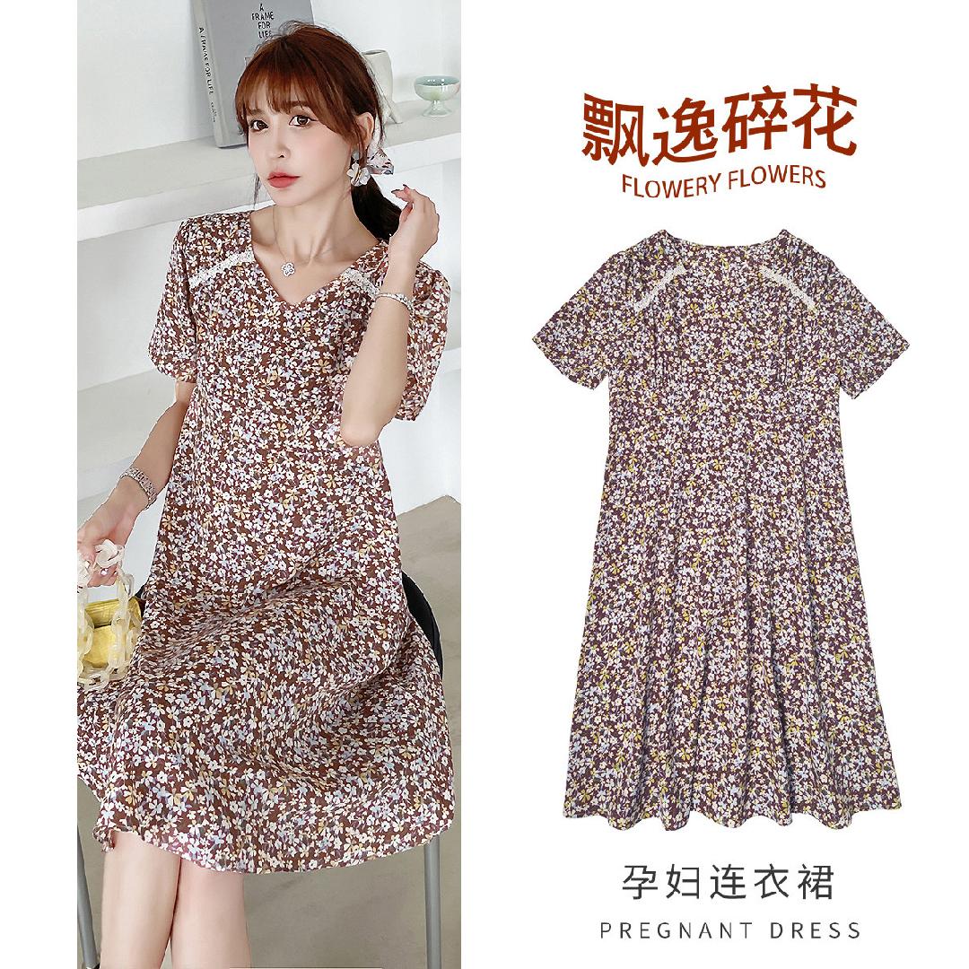 8898385.兔妈孕妇裙夏季新款孕妇装宽松休闲雪纺裙孕妇碎花裙中长款时尚孕妇裙