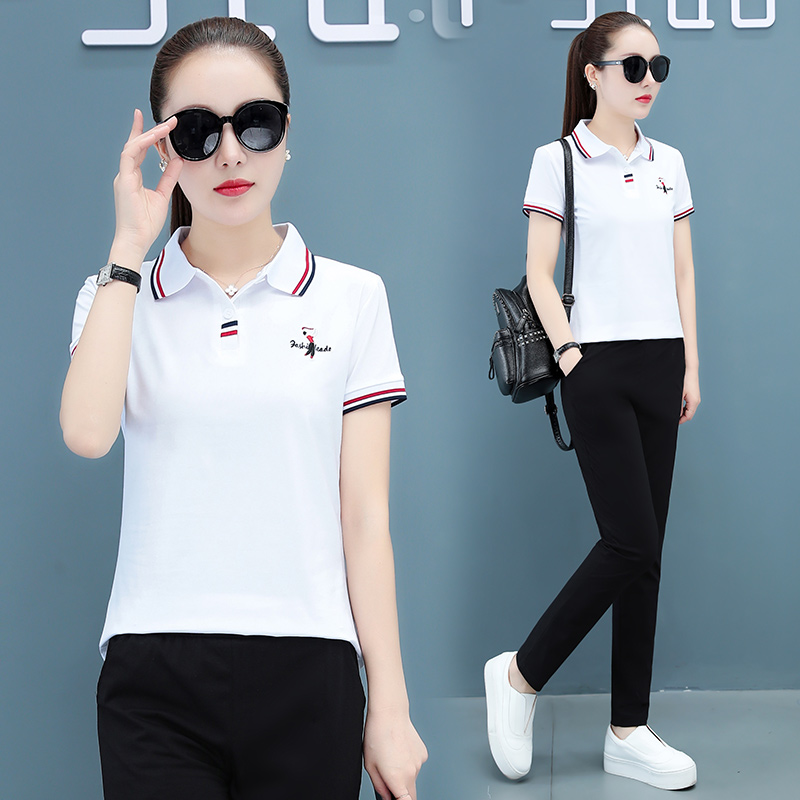 8923207.淘贝鼠女款夏季韩版时尚翻领减龄显瘦休闲短袖两件套【淘贝鼠女装XJ】
