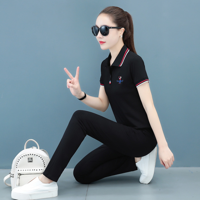 8923207.淘贝鼠女款夏季韩版时尚翻领减龄显瘦休闲短袖两件套【淘贝鼠女装XJ】