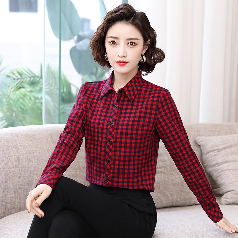 8934976.七玻威女春季新款时髦格子显瘦气质长袖衬衫【七玻威女装1】