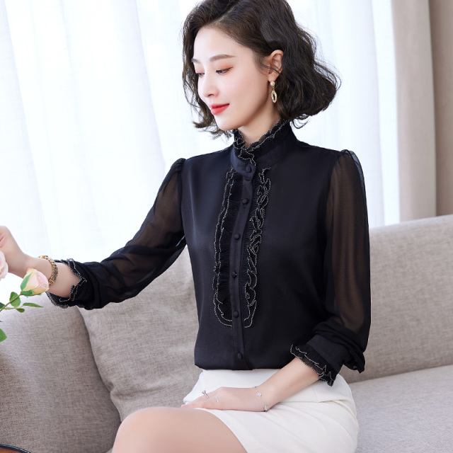 8934973.七玻威女春季新款优雅日常显瘦气质网纱袖衬衫【七玻威女装1】