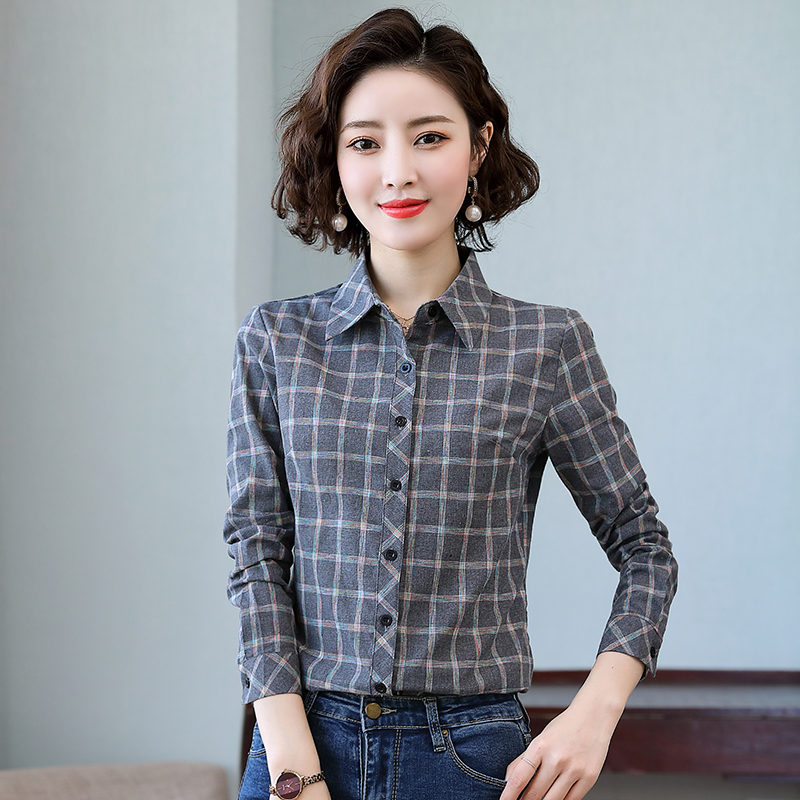 8934970.七玻威女春季新款时髦格子显瘦气质长袖衬衫【七玻威女装1】