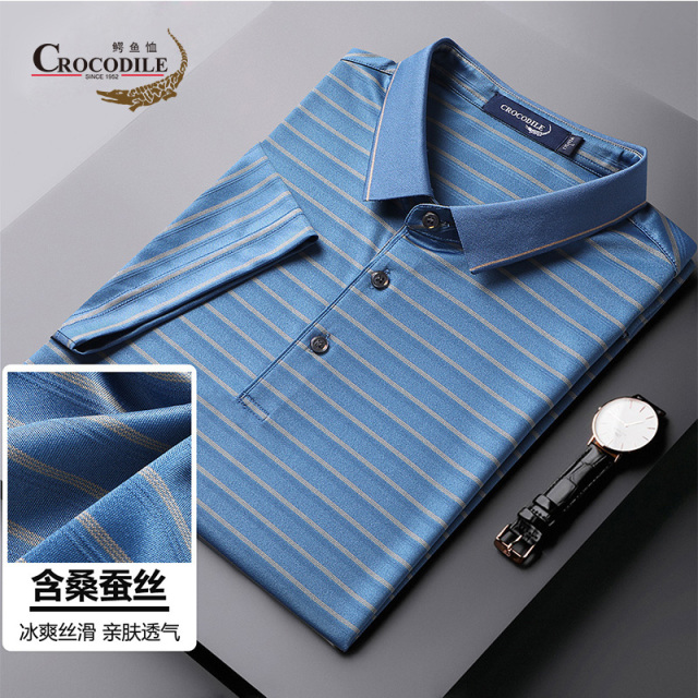 8943242.鳄鱼恤夏季含桑蚕丝休闲舒适条纹短袖男士POLO衫