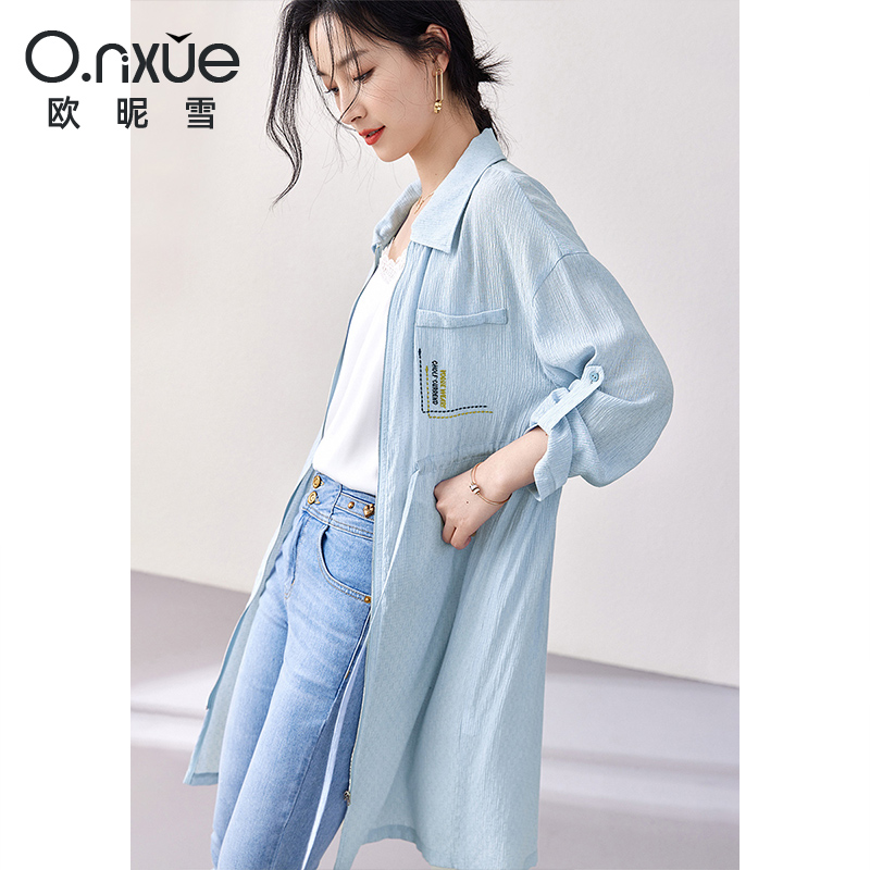 8955305.欧昵雪【字母绣花防晒衫】夏季新品清凉抽绳上衣休闲翻领中长款短外套女