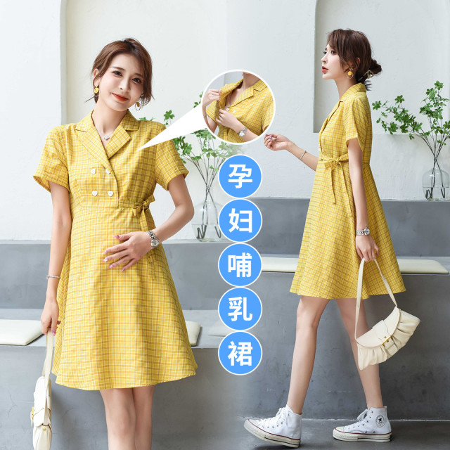 8966651.兔妈格子哺乳期连衣裙孕妇装夏季外出宽松休闲裙子显瘦中长款短袖薄款