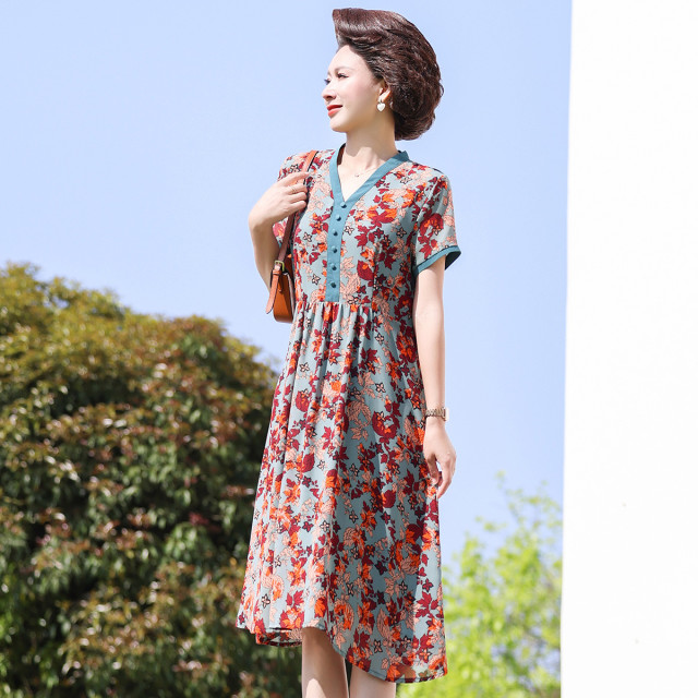 9444549.【气质减龄】中年女夏装时尚薄款连衣裙中老年妈妈夏季中长款裙子