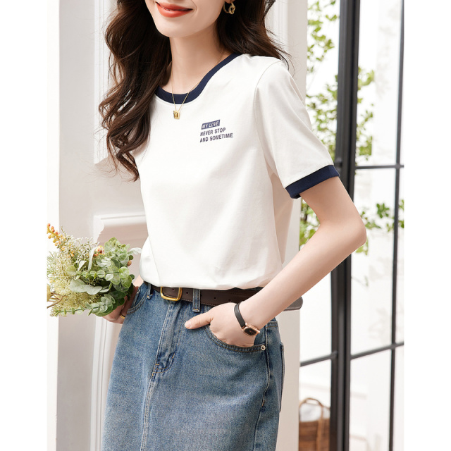 9059354.白色短袖T恤女夏季半袖撞色修身显瘦棉体恤上衣