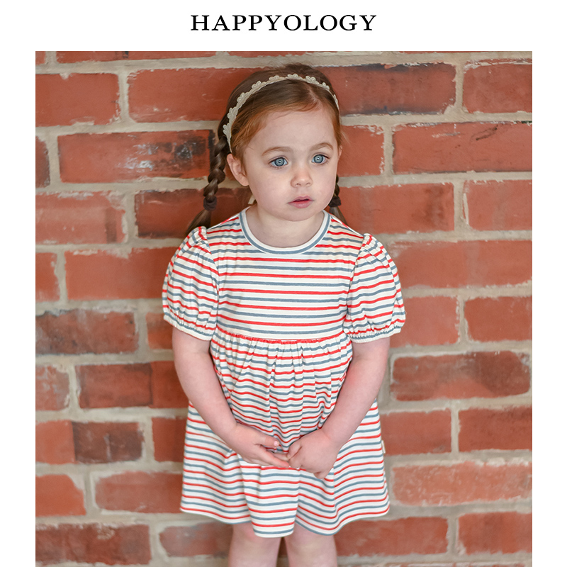 11847994.happyology英国女童连衣裙条纹短袖裙子英伦纯棉儿童可爱连身裙夏