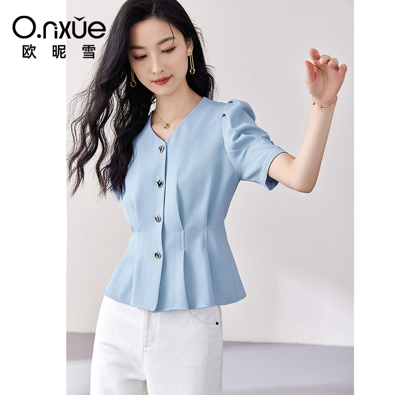 9104155.欧昵雪【气质V领泡泡袖衬衫】夏季新款时尚通勤衬衣收腰显瘦百搭女上衣