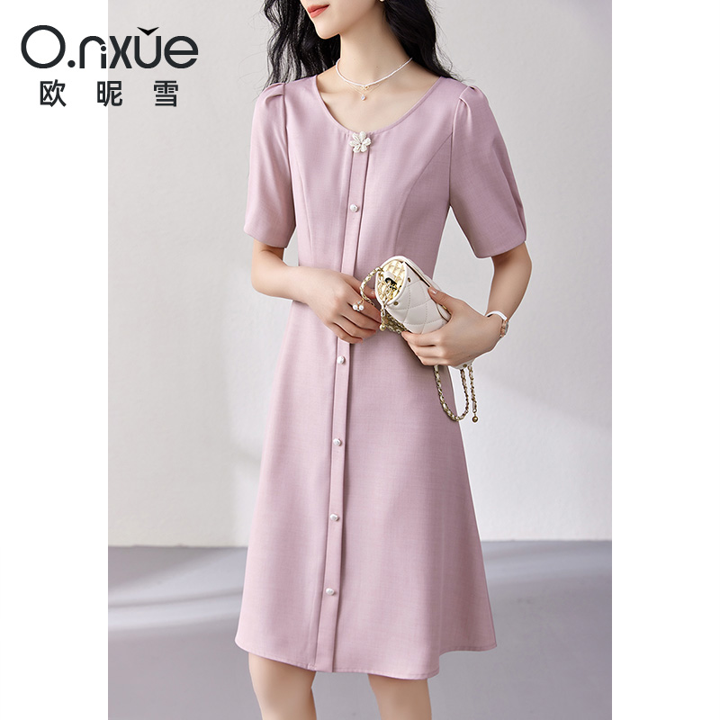 9104559.欧昵雪气质泡泡袖连衣裙夏装新品时尚装饰花减龄修身显瘦百搭女士A字裙