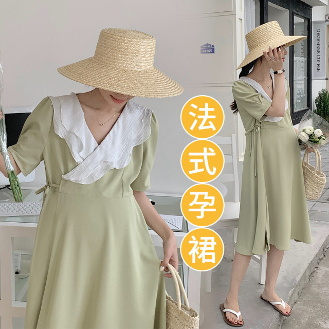9108471.兔妈孕妇裙夏季新款V领孕妇连衣裙宽松时尚孕妇裙中长款短袖孕妇裙子