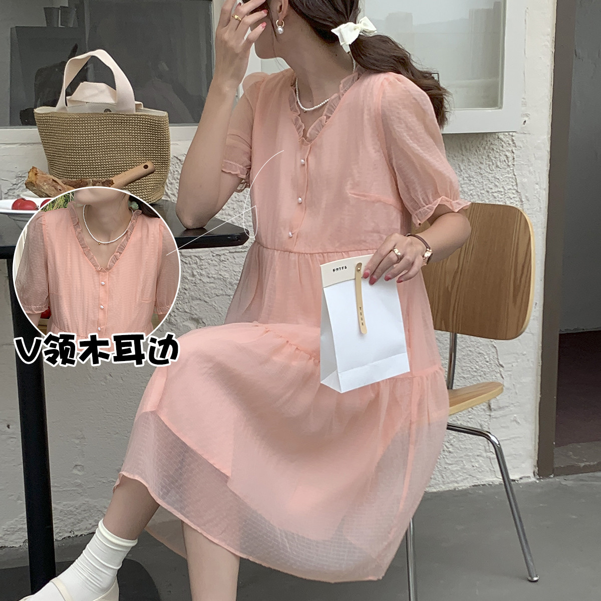 9108463.兔妈雪纺连衣裙夏季新款孕妇装宽松休闲连衣裙时尚短袖薄款孕妇裙子