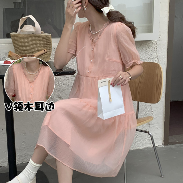 9108463.兔妈雪纺连衣裙夏季新款孕妇装宽松休闲连衣裙时尚短袖薄款孕妇裙子