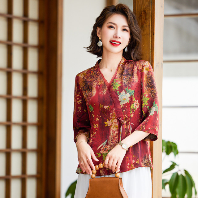 12332010.中老年人夏装V领薄款雪纺衫妈妈装气质减龄女式中国风七分袖T恤