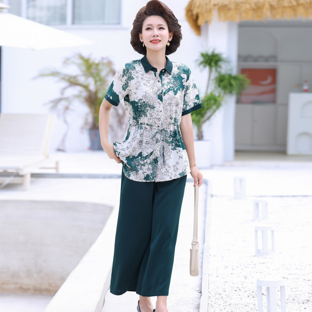 9136794.中老年女装夏装时尚翻领衬衫休闲裤两件套夏季薄款妈妈装休闲套装
