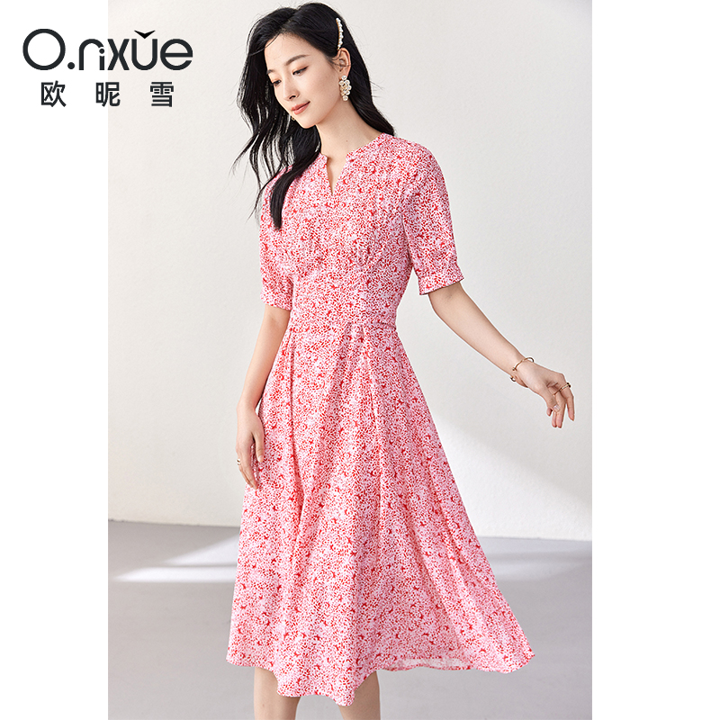 9161447.欧昵雪时尚蝴蝶点点碎花裙夏季新品浪漫风绑带交叉裙子温柔气质连衣裙女