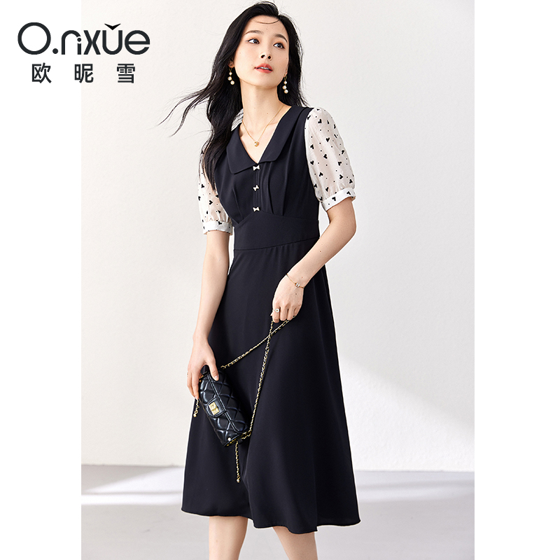 9161473.欧昵雪轻熟风撞料拼接连衣裙夏季新款气质印花泡泡袖修身显瘦女士A字裙